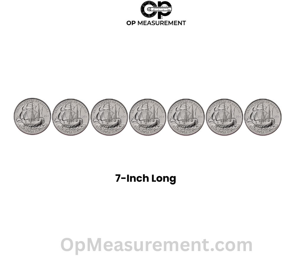 Seven US Quarters, Side by Side That Are 7 Inches long