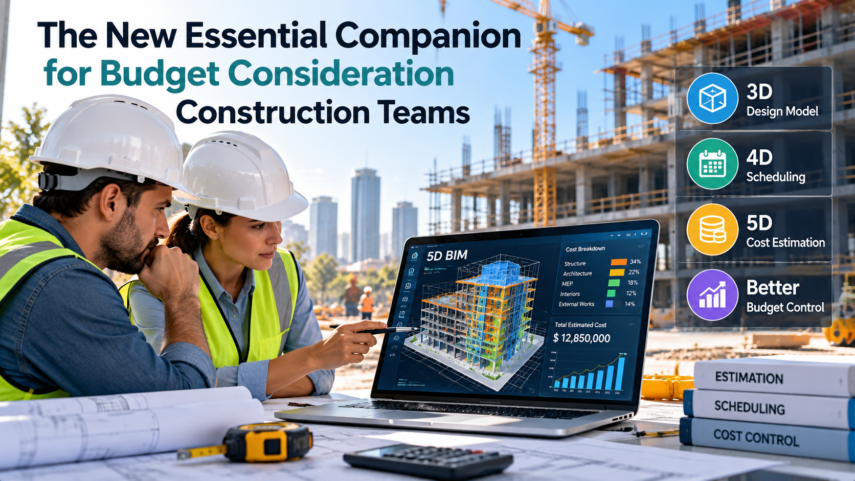 Construction engineers using 5D BIM software for building cost estimation and budget planning