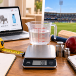 Measuring tape, digital weighing scale, measuring jug and cricket equipment showing why measurements matter in shopping and sports