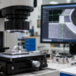 Optical measurement microscope inspecting a metal component with digital quality control analysis on a monitor