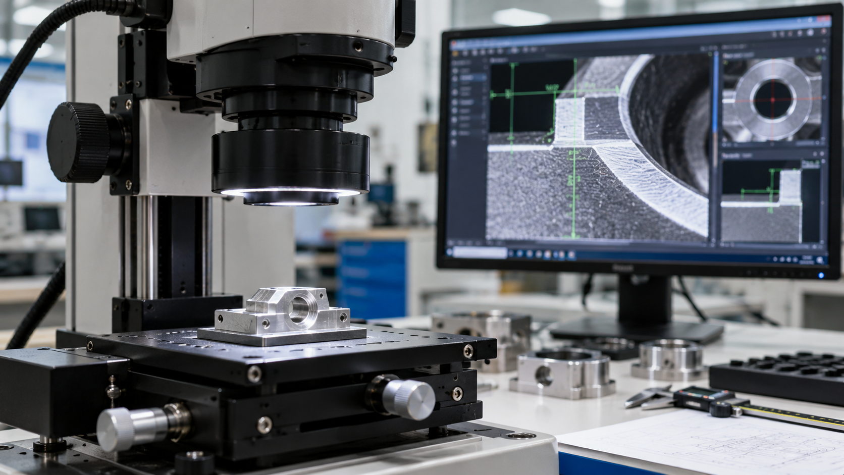 Optical measurement microscope inspecting a metal component with digital quality control analysis on a monitor